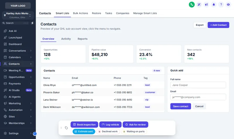 GoHighLevel contact page with a contact actions bar: Book inspection, Log vehicle and Ask for review buttons plus Estimate sent, Declined work and Waiting on parts quick tags