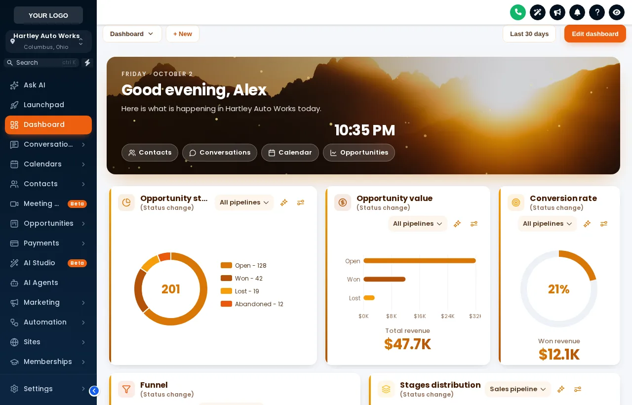 GoHighLevel dashboard with the Golden Hour photo welcome banner, live clock and quick links above orange chart widgets
