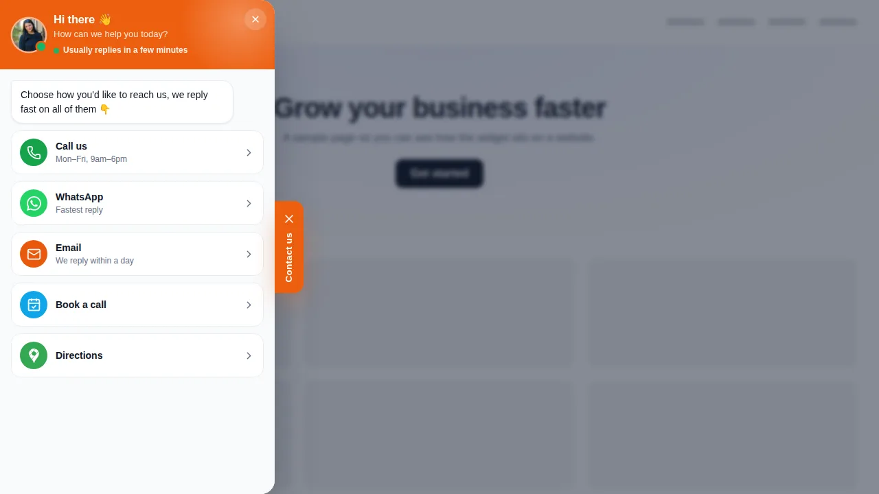 Edge tab contact widget open as a drawer on a website, listing call, WhatsApp, email, booking and directions
