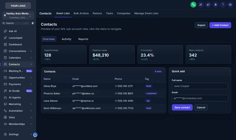 GoHighLevel contacts page in dark mode, Slate Corporate theme with the Crisp Highlight UI kit